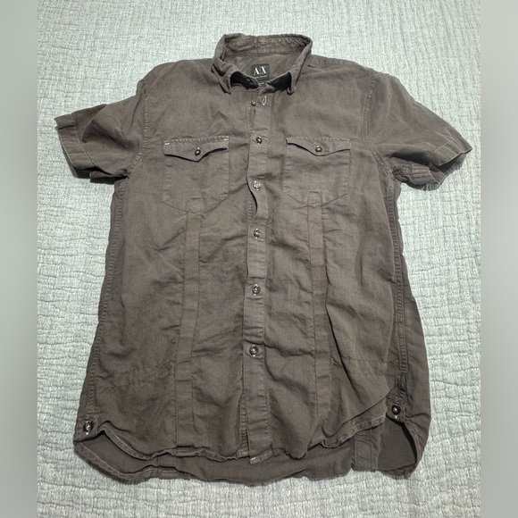 Armani Exchange Brownish Gray Button Shirt Medium Linen Blend Short Sleeve Mens - Picture 1 of 7